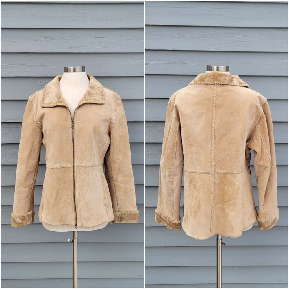 Vintage 90s y2k Penny Lane Tan Suede Leather‎ Whipstich Sherpa Lined Jacket Lg